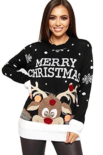 WearAll Women's Knitted Merry Christmas Xmas Snowflake Ladies Reindeer Pom Jumper 12-24